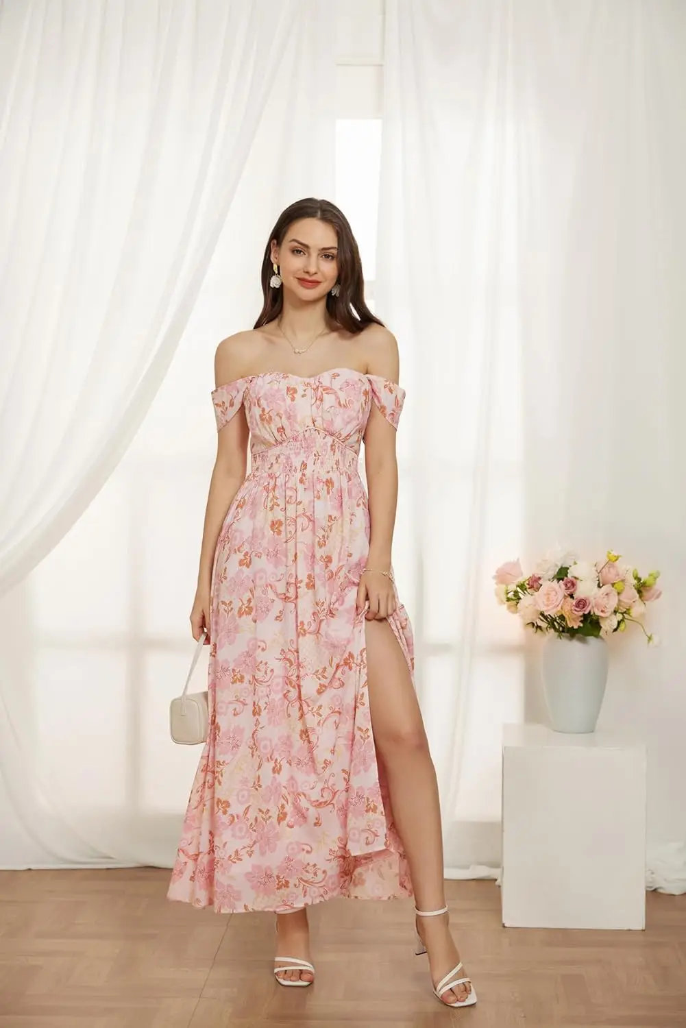 2025 Abito estivo da donna con stampa floreale fluida A Line maxi abito senza maniche con spalle scoperte