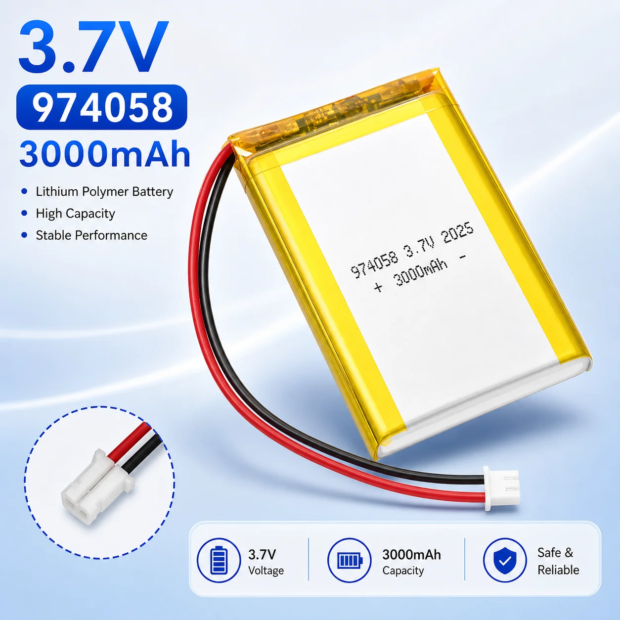 Rechargeable 974058 LiPo Battery 3.7V 3000mAh Lithium Polymer Cell with PH2.0 Plug for GPS Navigator Massage Meter