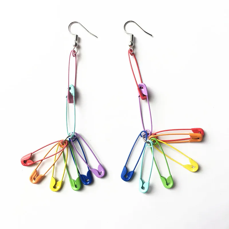 Donarsei 2024 New Fashion Rainbow Safety Pin Earrings For Women Minimalist Colorful Paperclip Drop Earrings Ear Threader Party