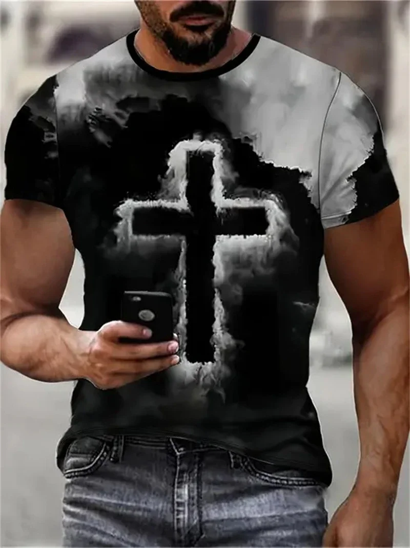 Herren T-Shirt mit schwarz-weißem Kreuz-Print, lässiger Rundhalsausschnitt, Kurzarm, religiöse Grafik-Oberteile für Glaubensinspirierte Streetwear