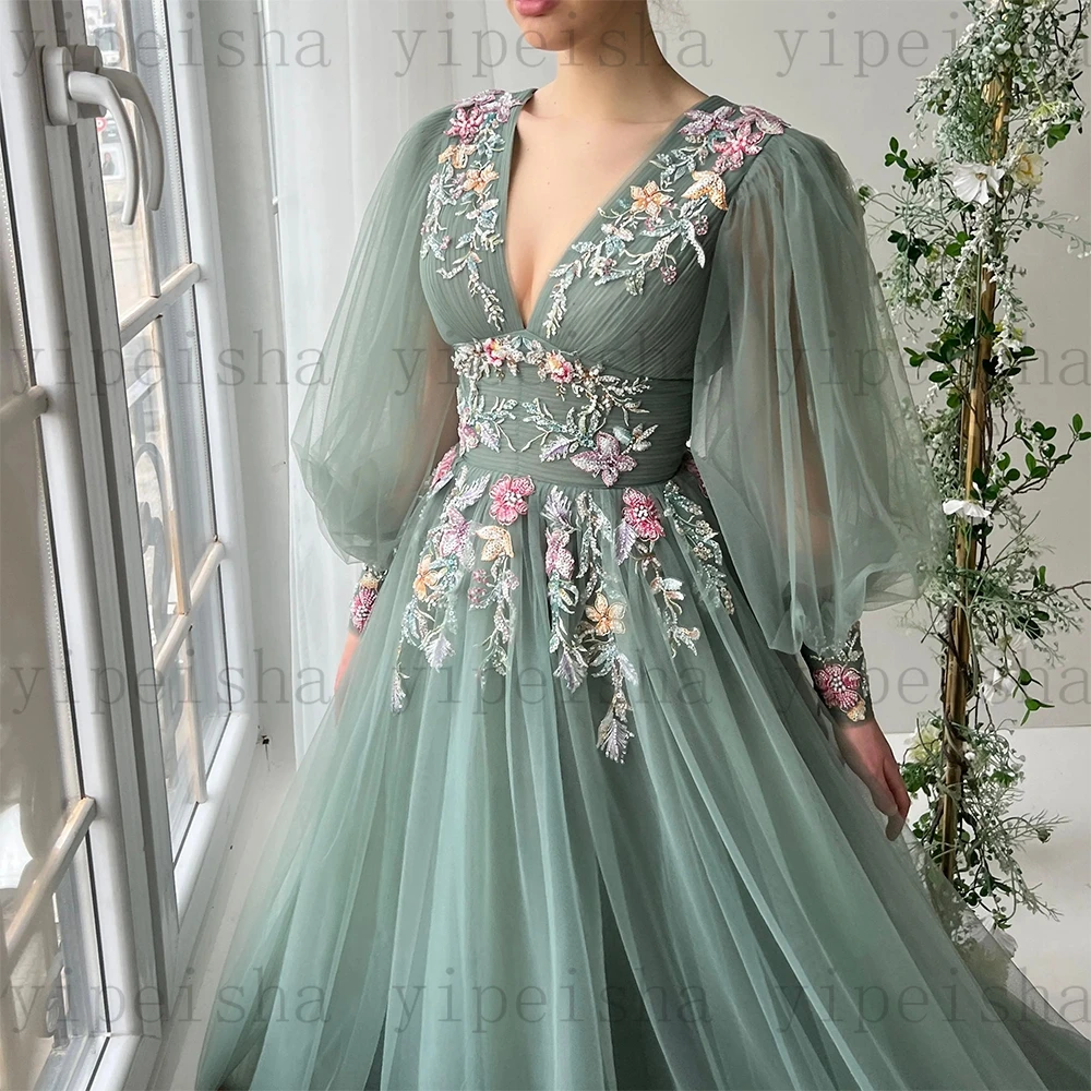 カスタマイズされた V ネックイブニングドレスモダンなドレーププリーツスパンコールレースアップリケ A ラインウエディングドレス背中の開いたロングチュールパーティードレス