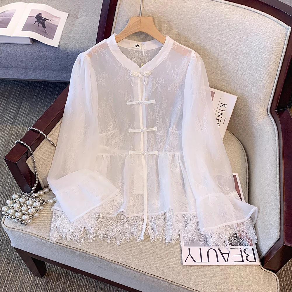 Plus-size Women's Summer Casual commute Loose comfortable Chinese style shirt White lace chiffon tray button long-sleeved top