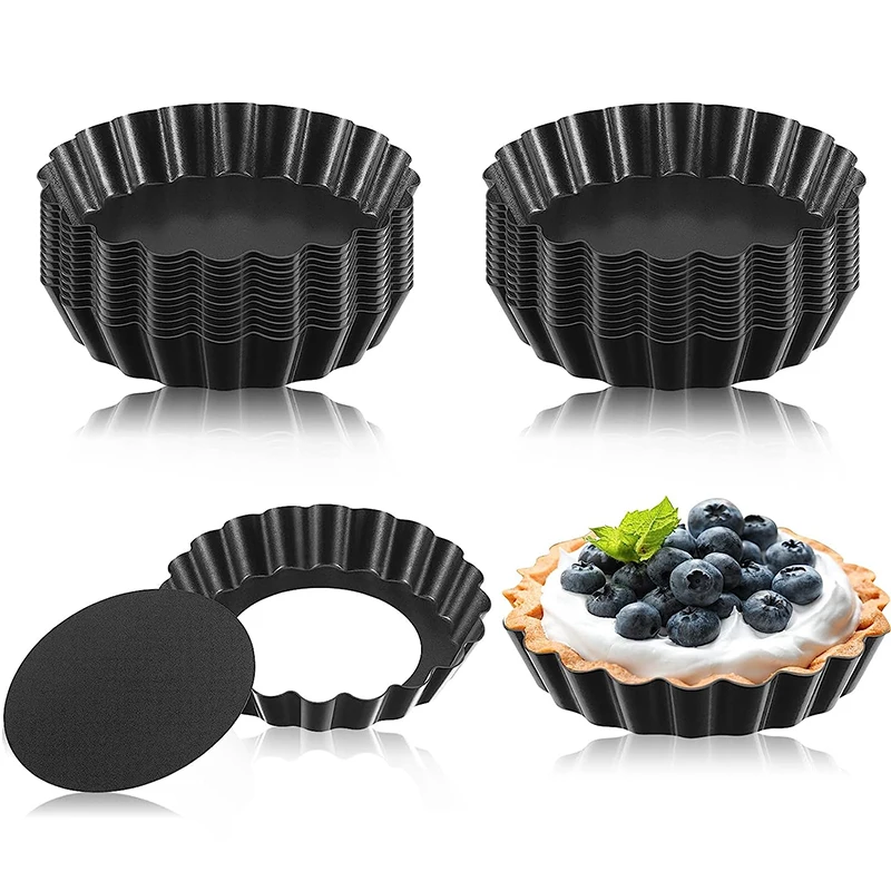 LMETJMA Mini Tart Pans 8cm Egg Tart Molds with Removable Bottom Non Stick Small Tart Mold Fluted Cupcake Tins Tart Pan JT221