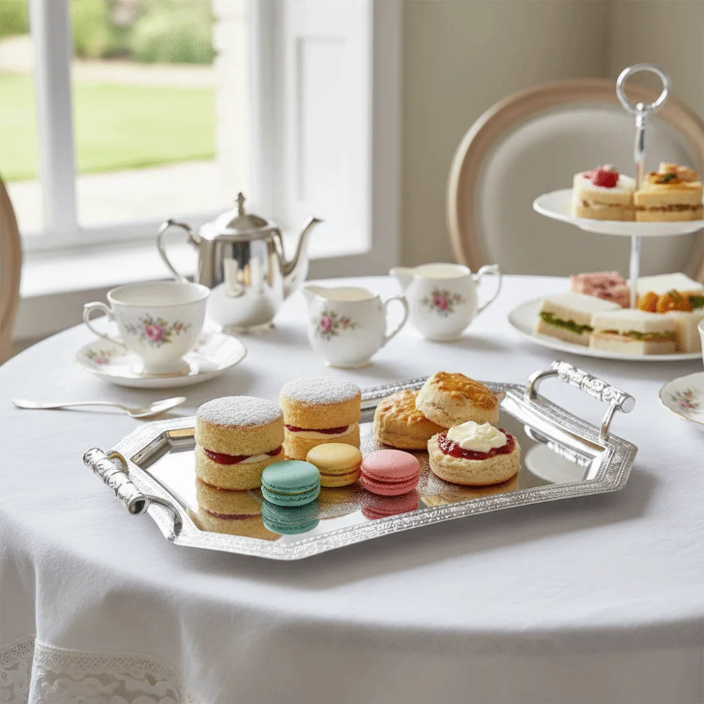 

European Style Stainless Steel Storage Tray Delicate Pattern with Handle Candy Dessert Plates Vintage Serving Tray Restaurant