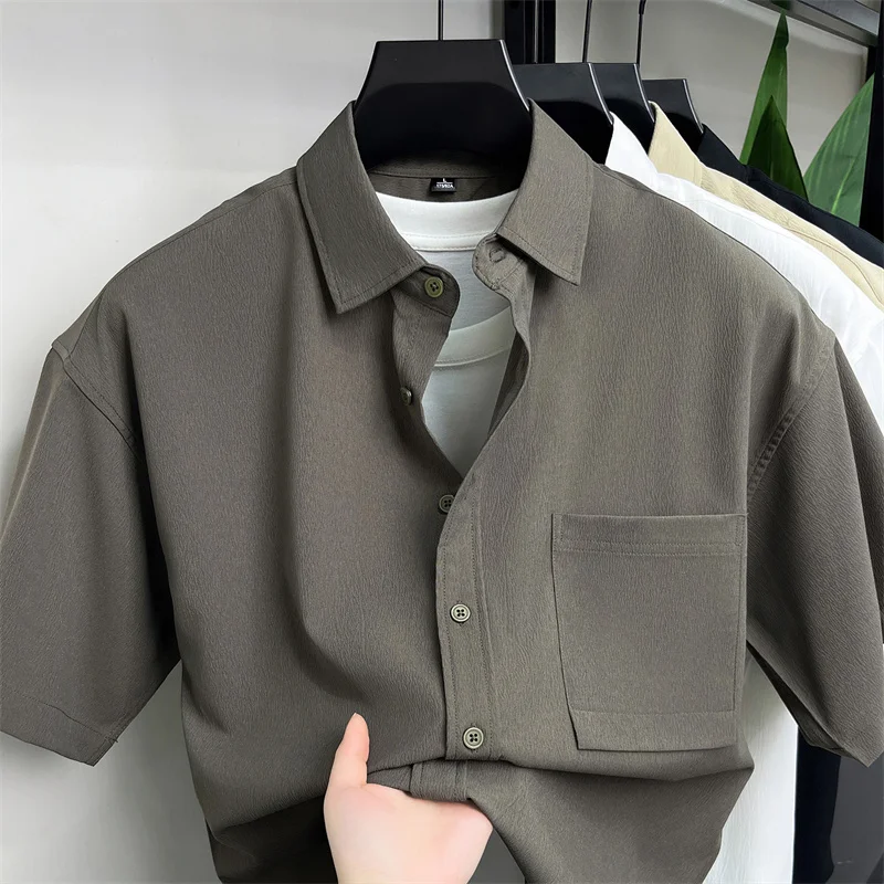 

High-end Men's Ice Silk Short-sleeve Shirt, Men's Summer New Workwear Top, Loose Casual Half-sleeve Wrinkle-free Shirt