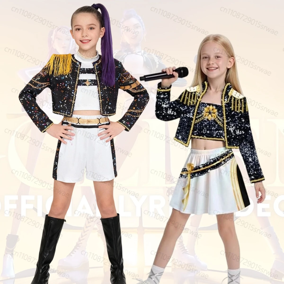 أزياء الأطفال التأثيرية K-Pop شيطان الصيادين رومي ميرا كرنفال حفلة الفتيات الزي البوب المغني الملابس نسيج الذهب الأسود
