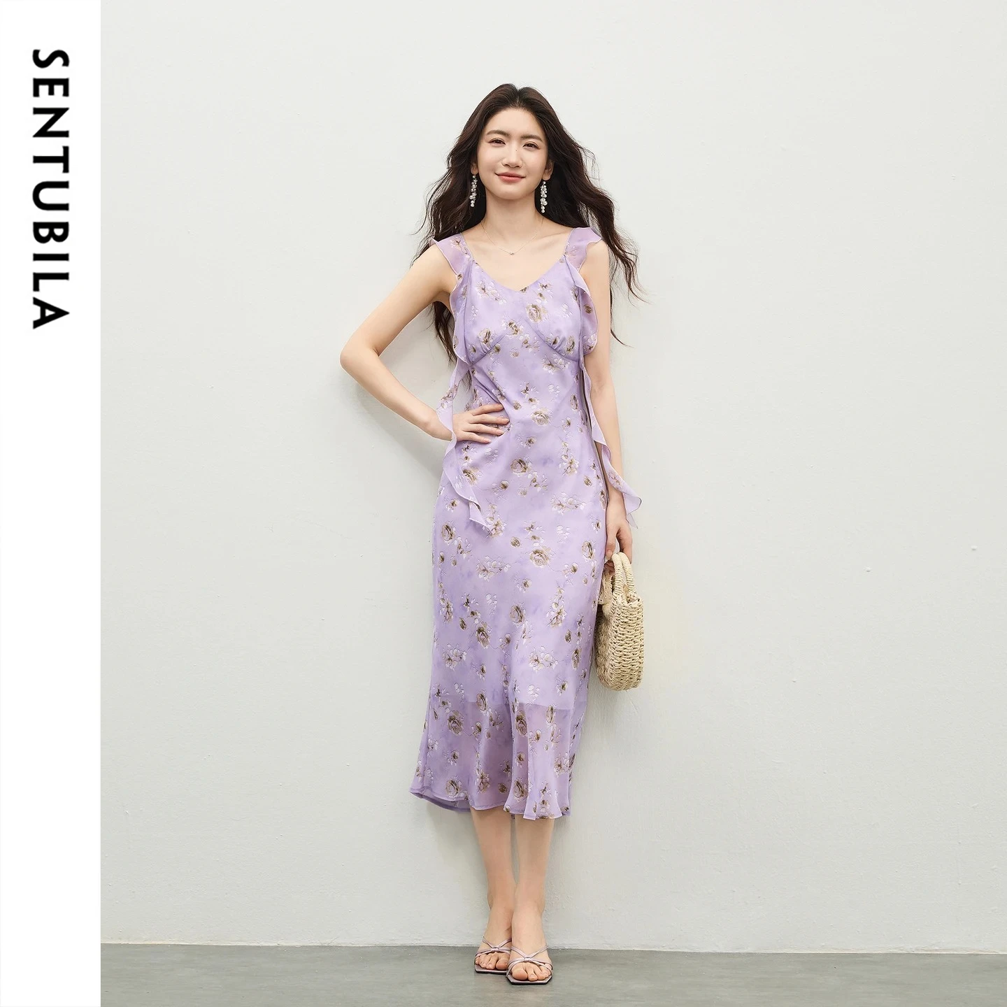 SENTUBILA Damen ärmelloses Chiffonkleid 2026 Sommer Elegantes V-Ausschnitt Rüschen-Schärpen-Design Schlankes A-Linien-Kleid mit Farbdruck 162LP6291