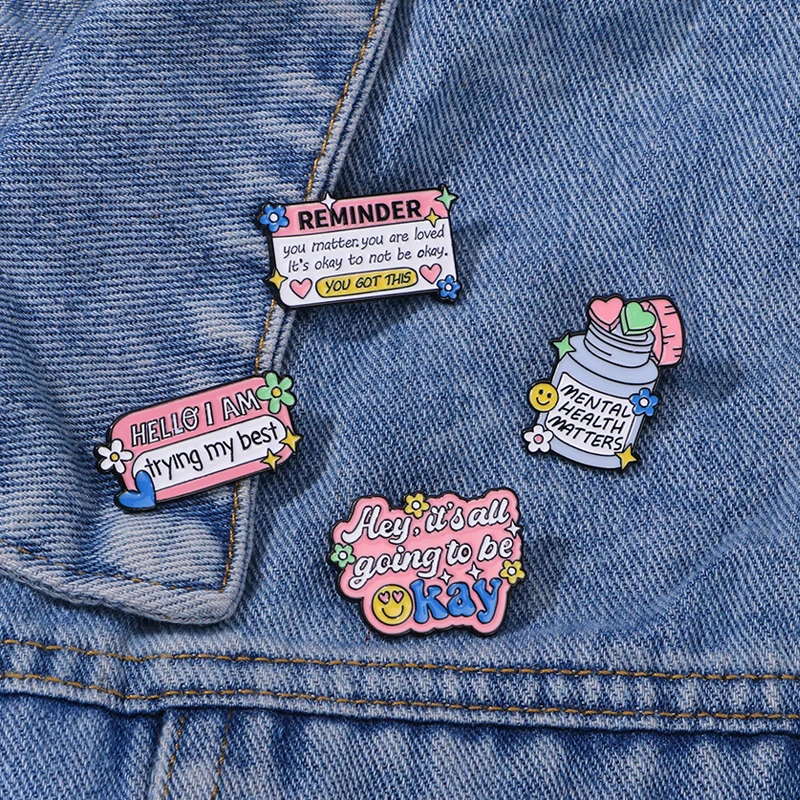 4Pcs/Set Funny Design Pink Hope Letter Words Pins Hey It's All Going To Be Okay I Am Trying My Best Enamel Brooches