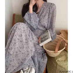 Feminine Vestidos Chic Korea Clothes Women Japan Girls Floral Robe Holiday Date Retro Vintage One-Piece Lace-Up Long Maxi Dress
