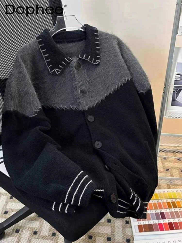 

2025 Autumn New High-End Men's Cardigan Sweater Retro Design Turn-Down Collar Knitted Top Jacket Men's Style