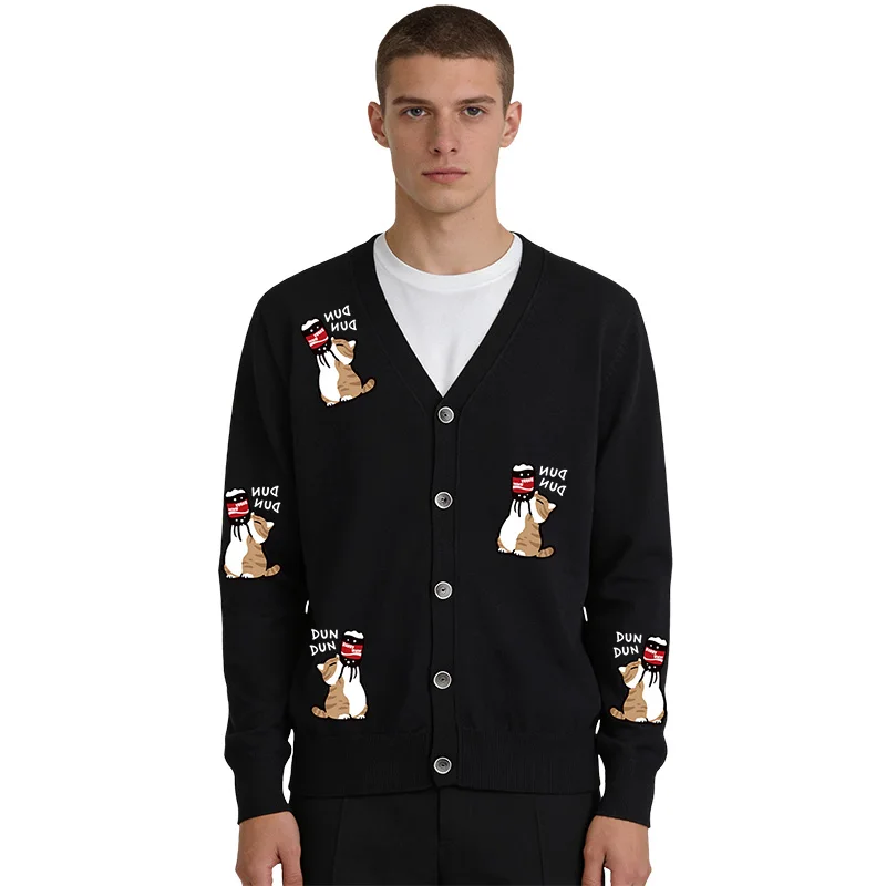 

Мужской шерстяной кардиган с забавным котом и принтом колы, прямой крой, весенне-осенний топ на пуговицах с v-образным вырезом и длинными рукавами