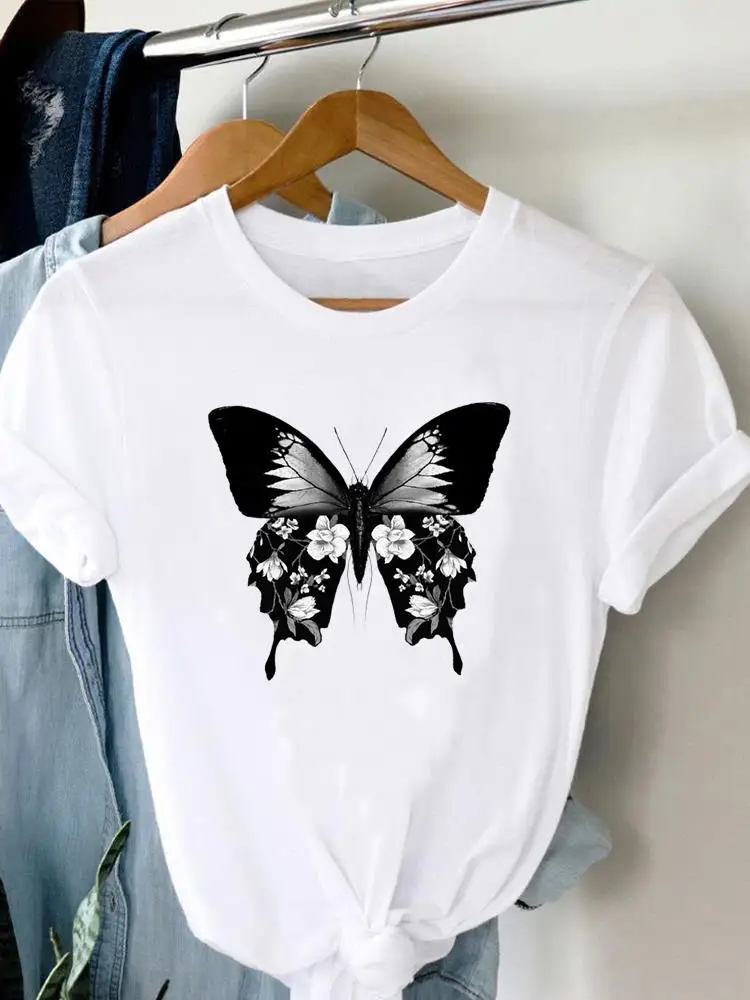 T-Shirt femme, estival et décontracté, avec imprimé papillon et aquarelle, dessin animé, à la mode