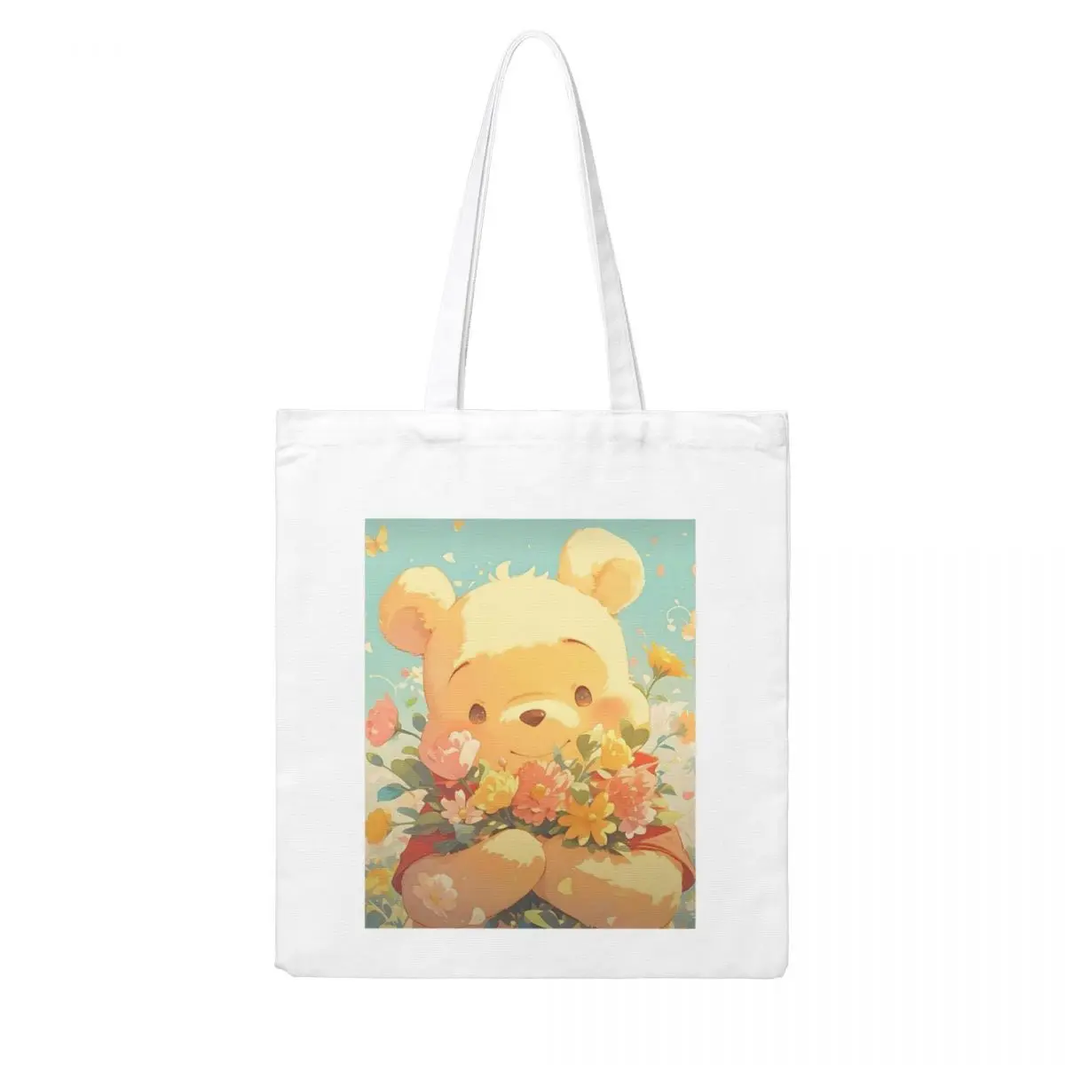 Winnie The Pooh Hug Flowers Canvas Tote Handbag Grocery Bags Tigger and Piglet Shopping Bags for Women