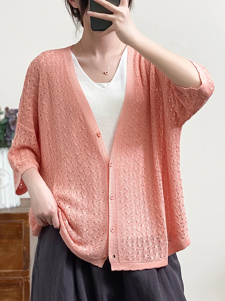 High quality loose hollow cardigan jacket for women\'s 2024 summer oversized thin knit sweater lazy style sun protection shirt