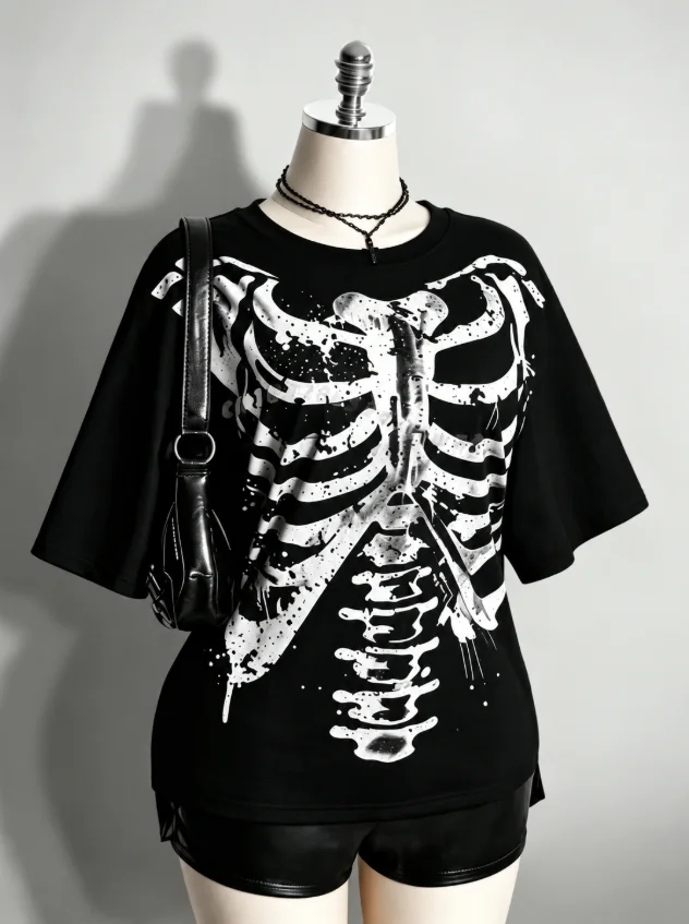 Vintage Gothic Skeleton Ribcage Graphic T‑Shirt Unisex Loose Streetwear Casual Short Sleeve Tee Top for Men Women Y2k