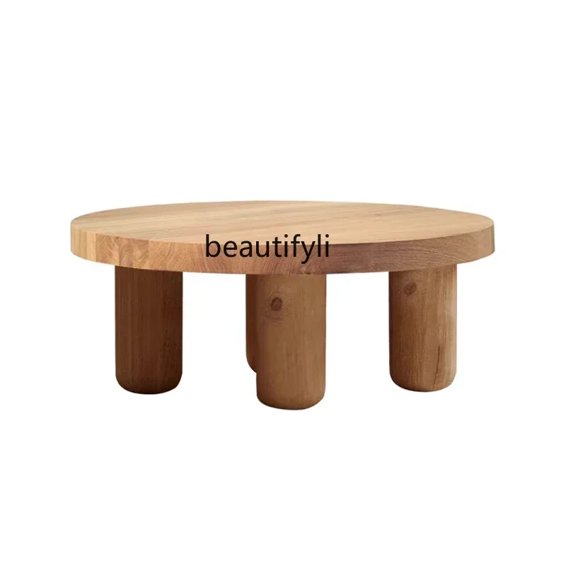 Nordic Style Solid Wood round Coffee Table Small Apartment Home Tea Table Retro B & B Wood a Block of Wood Or Stone Tea Table