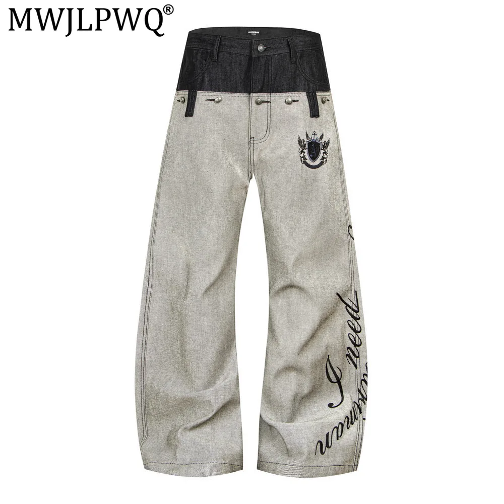 MWJLPWQ Stylish Patchwork Waistband Curved-Leg Jeans Men Trend Floral Letter Embroidery Contrasting Color Pockets Trousers 21442