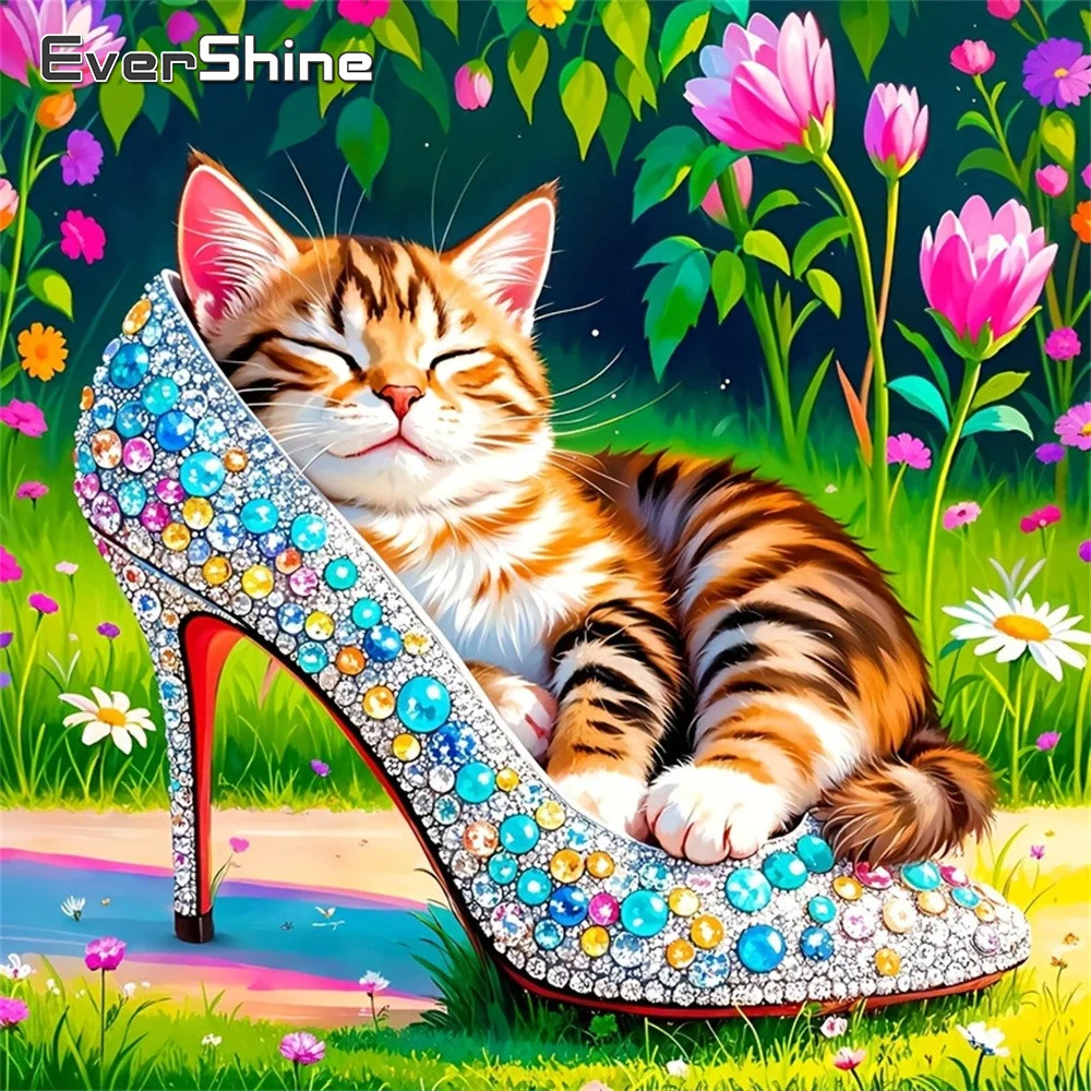 Evershine Vollquadratisches Diamant-Gemälde Tiermotiv Katze Strass-Stickerei Schuh-Diamant-Mosaik Blume DIY Kindergeschenk