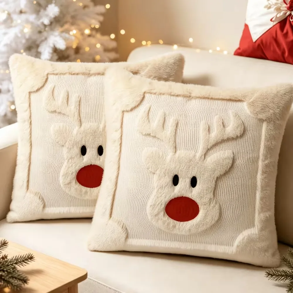 Reindeer Christmas Throw Pillow Cover, Faux Fur Plush Look Snowflake Xmas Cushion Case, Festive Winter Holiday Sofa Home Decor