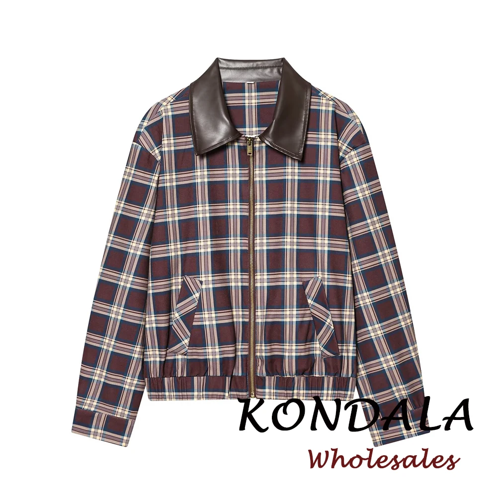 

KONDALA винтажные женские элегантные клетчатые куртки, мода 2025 года, шикарная свободная женская куртка на молнии с длинными рукавами и карманами с отложным воротником из искусственной кожи
