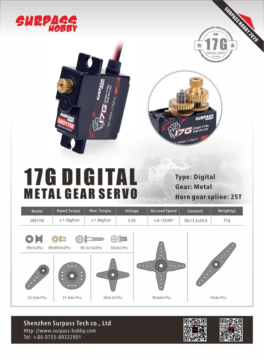 High Quality SURPASS Hobby S0017M 17g Metal Gear 1.8KG Digital Servo for RC Airplane Robot 1/18 1/16 Truck Car Boat Duct Plane