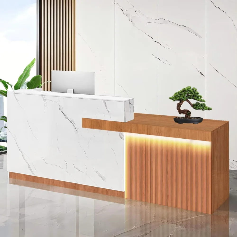 

Modern Reception Desk Checkout Counter Front Desk Retail Counter with Hidden Lighting Receptionist Table Need Assembly