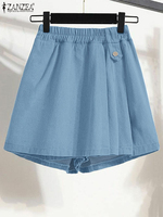 ZANZEA Fashion Denim Shorts Skirts Women Elastic Waist Shorts 2025 Summer Casual Solid Color Wide Leg Pants Elegant Trousers