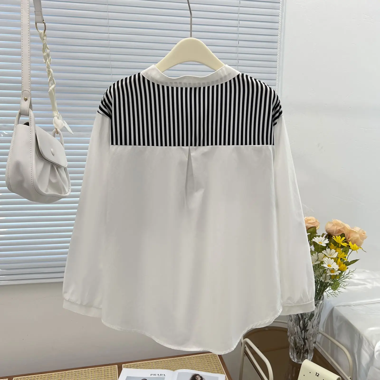 Stylish Stand Collar Stripes Cotton Shirt Women Plus Size Autumn Winter 2023 Casual Clothing Drop Sleeve Blouses Tops