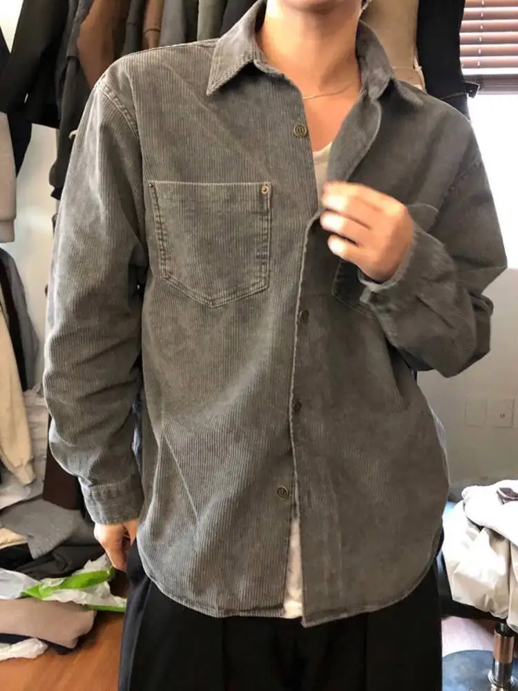 

Осень 2023, мужские вельветовые рубашки в корейском стиле, однобортные повседневные мужские рубашки с отложным воротником и длинными рукавами, топы