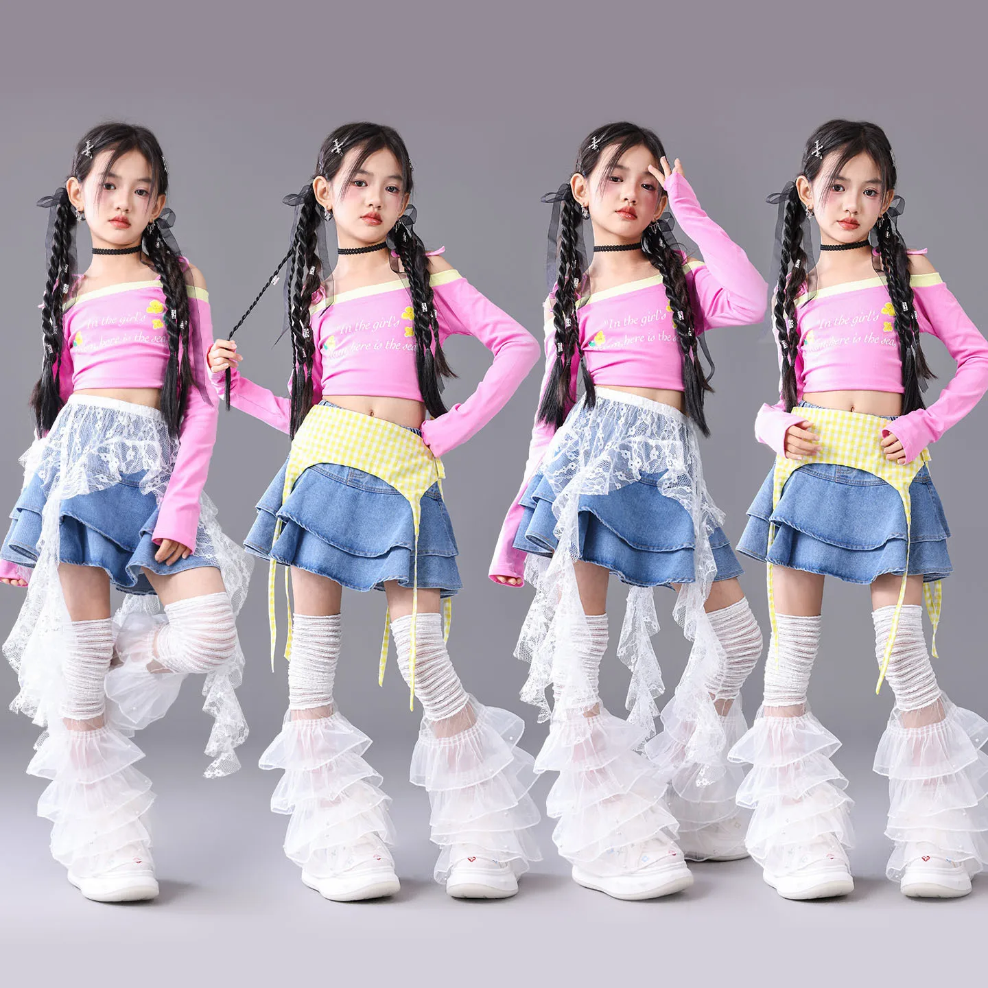 Kid Kpop Hip Hop Clothing Pink Boat Neck Crop T Shirt Denim Blue Layer Skirt Ripped Jeans Pants for Girls Dance Costumes Clothes view 3