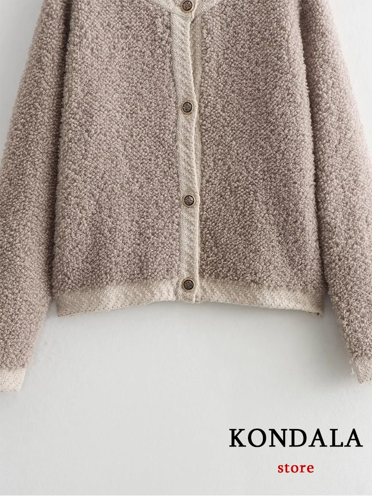 KONDALA Chic Solid Beige Casual allentato manica lunga maglia donna maglione moda 2023 autunno bottone peluche elegante Cardigan oversize