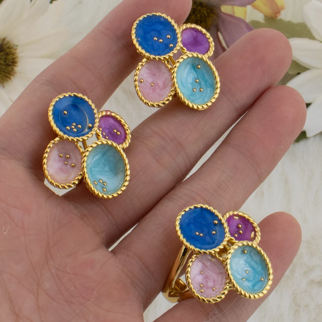 Luxury Gold Plated Flowers Jewelry Set Shape for Women Earrings&Ring Gift for Wedding Party  Anniversary Women\'s Day Celebration