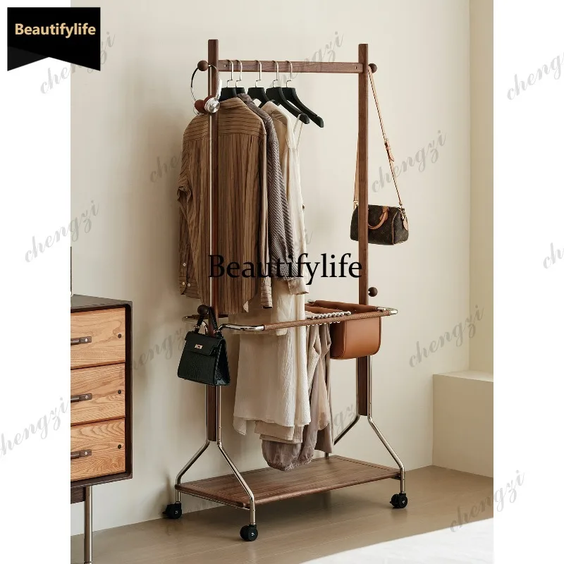 A68Black walnut solid wood hats mobile clothes hanging bedroom living room multi-functional storage rack