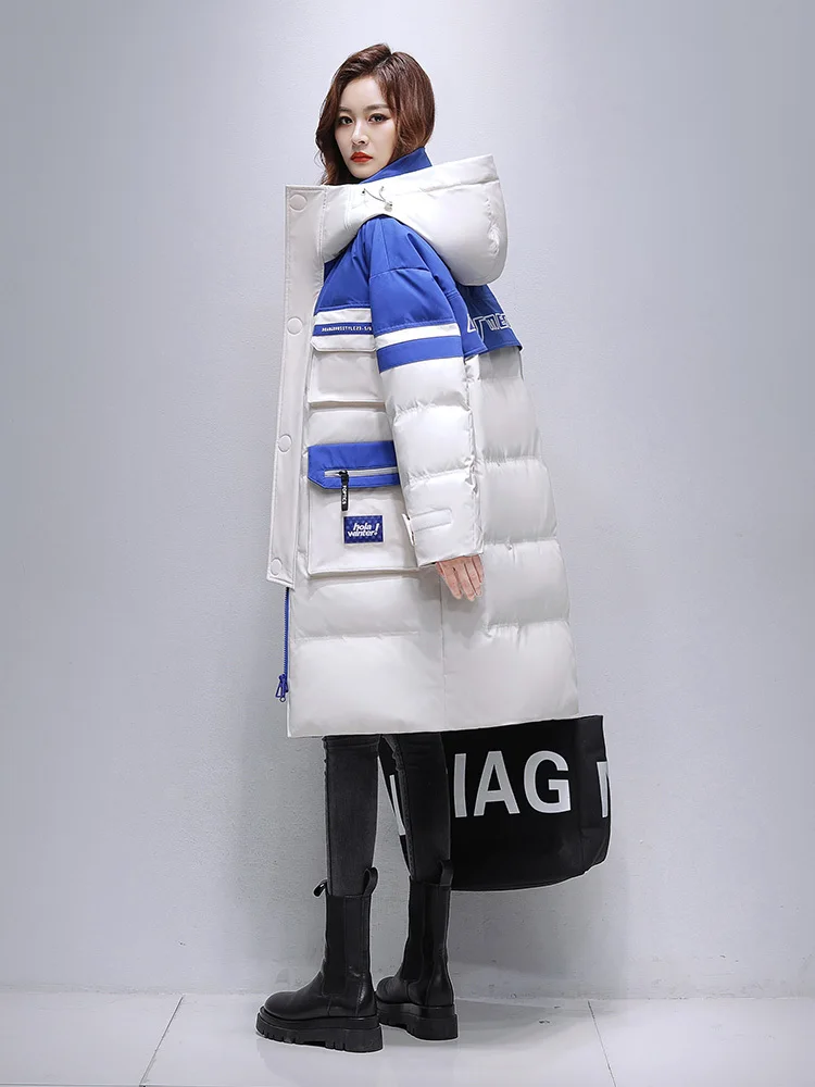 Long Down Jacket Women Thicken Winter Fashion Patchwork Color Contrast Hooded 90% White Duck Down Coat Female Parka Warm