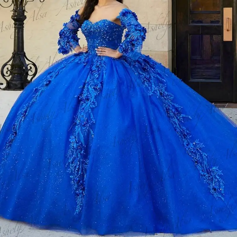 Customized Royal Blue Women Party Dress Long Sleeve Floral Applique Ball Gown Prom Occasion Dress 16 vestidos de 15 quinceañera