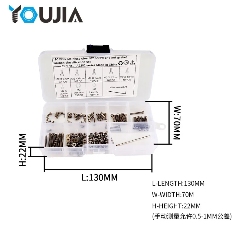 190 قطعة صندوق حزمة 304 مسامير من الفولاذ المقاوم للصدأ/مقبس سداسي رأس عموم مسامير رأس أسطوانية، مسامير مضلعة #4