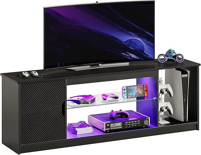 Led Entertainment Center for PS5, Gaming TV Stand with Cabinet for 60/65 Inch TV, Modern TV Console with Adjustable Glass Shelf