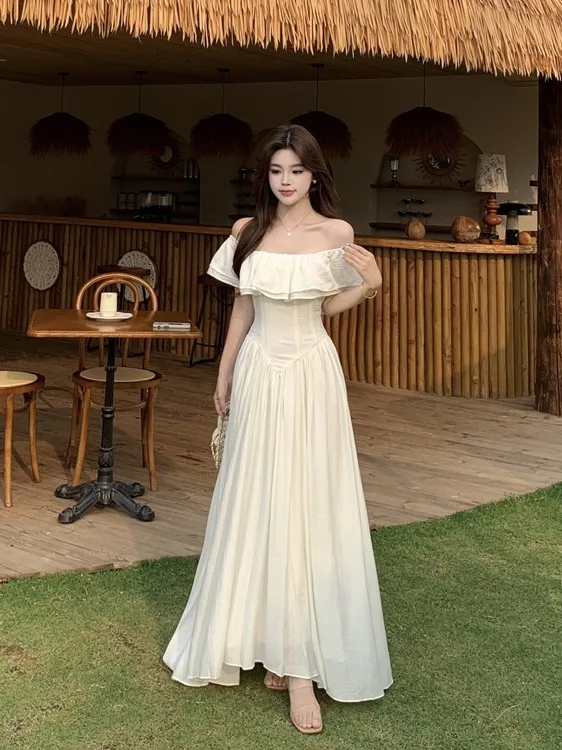 

plus Size Women's Elegant A-Line Dress with Lace Trim One Shoulder Design Summer New Style Waist Cinched French Style Long Skirt