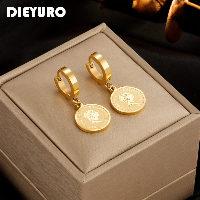 DIEYURO 316L Stainless Steel Round Portrait Coin Earrings For Women Vintage Gold Color Hoop Earrings Girls Party Jewelry Gifts