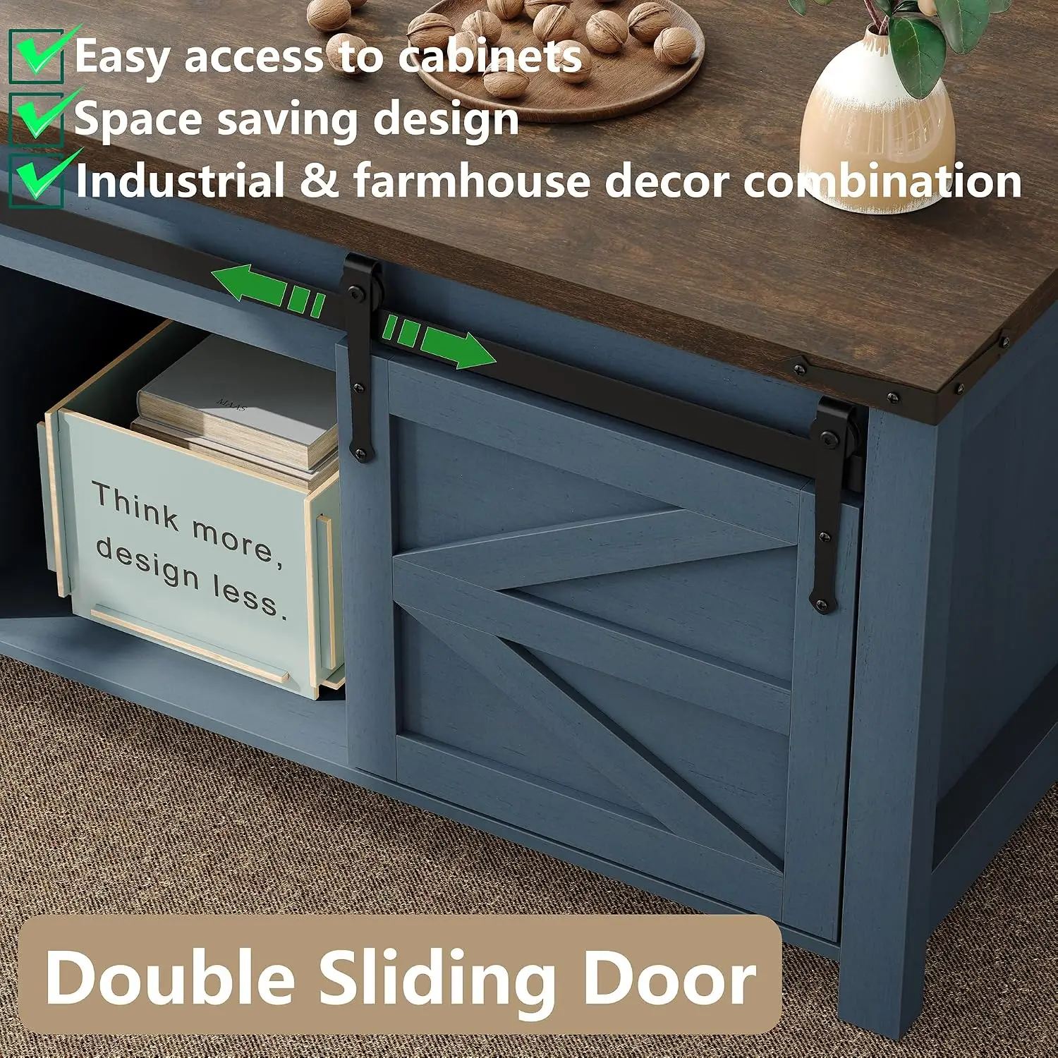 Lift Top Coffee Table 47.3" Farmhouse Wood Rectangle with Hidden Storage & Sliding Barn Doors for Home Office, Customized