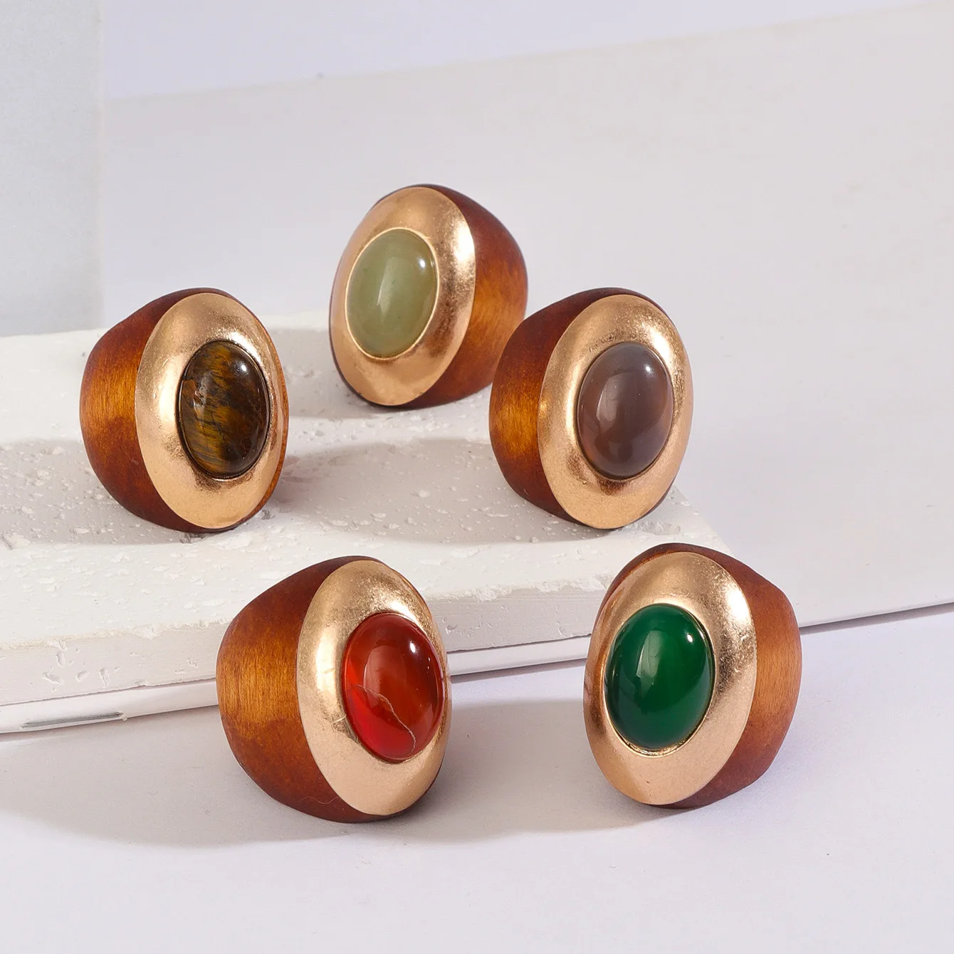 Natural Stone Wood Oval Metal Large Rings for Women Exaggerated Chunky Big Vintage Geometric New Jewelry