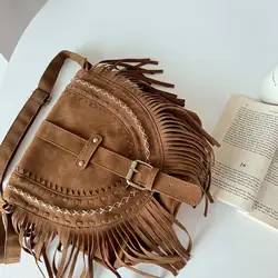 Fashion Retro Handmade Faux Suede Tassel  Womens Shoulder Crossbody Messenger Bag Tassel Boho Handbag for Women Summer