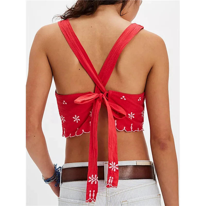 

FX-Women's Crew Neck Sleeveless Rippled Contrasting Colors Hem Trim Embroidery Blouse Tops