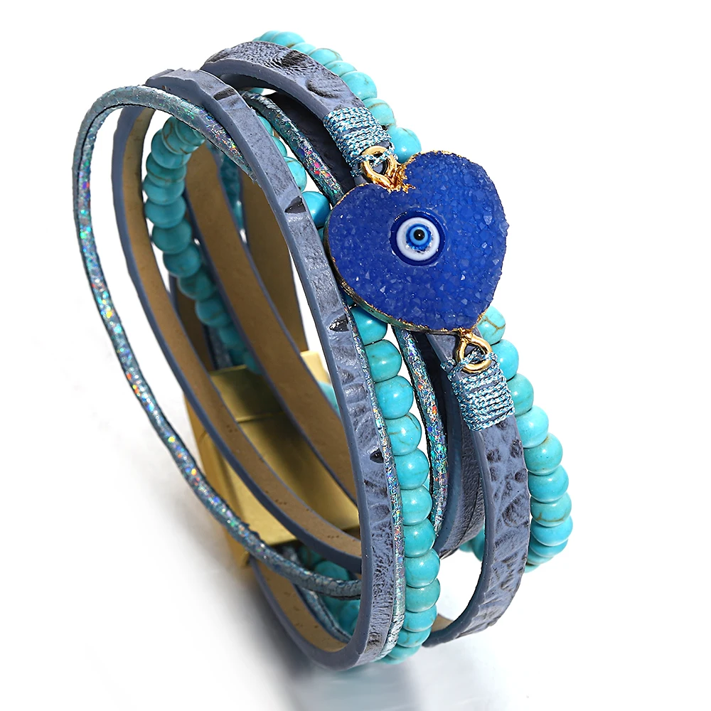 

Amorcome Turkish Eyes Leahter Bagnles Heart Charms Bracelets Multi Layer Evil Eye Chic Wraps Bangles Unisex Religious Jewelry