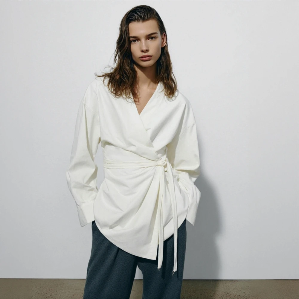 レディース 長袖 Vネック シャツ 秋冬 ファッション ビジネス カジュアル ルーズフィット フリル 無地