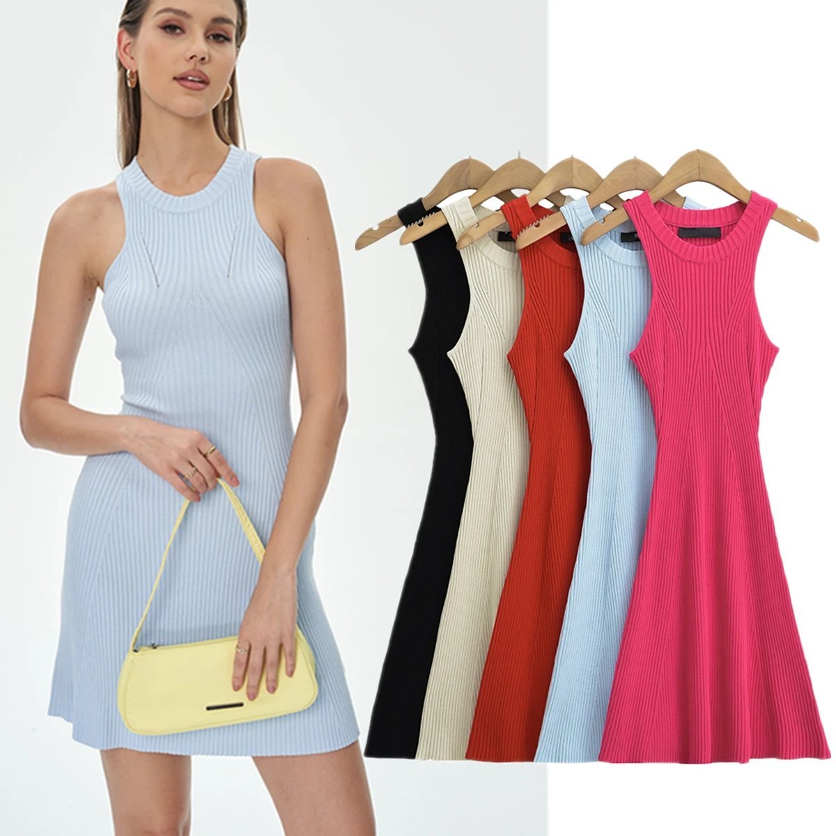 Jenny&Dave Minimalist Solid Color Dress Women Knitted Sleeveless Dress Summer Tank Sexy Slim Fit Mini Party Dress Vestidos