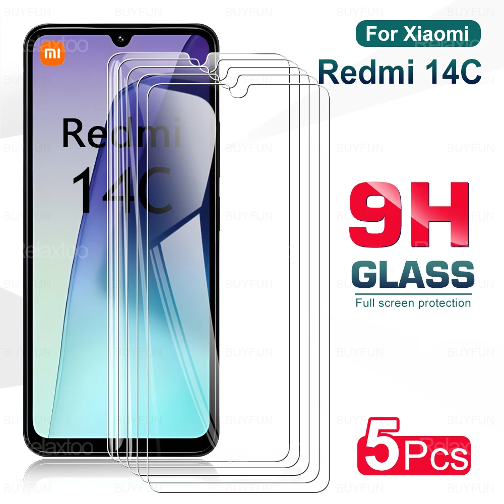 5Pcs 9H Glass Screen Protector For Xiaomi Redmi 14C All Clear Front Protective Film Readme Redmy Radmi 14 C C14 6.88'' Redmi14C