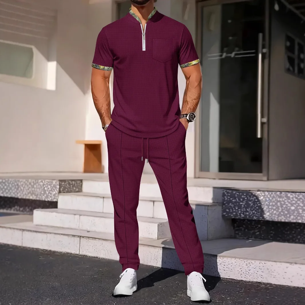 Men's New Waffle Stand-up Neck Zipper Color Matching Short-sleeved Trousers Casual Sports Suit
