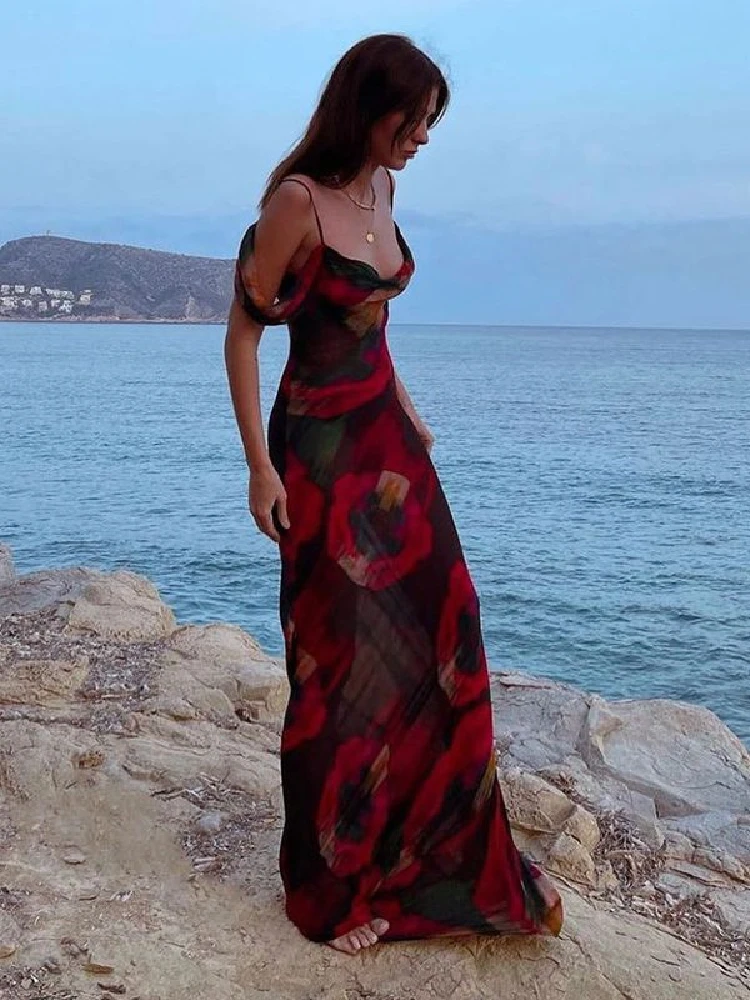 Vestido playero con tirantes finos y estampado bohemio para mujer, con hombros descubiertos túnica, ropa de verano, traje de baño