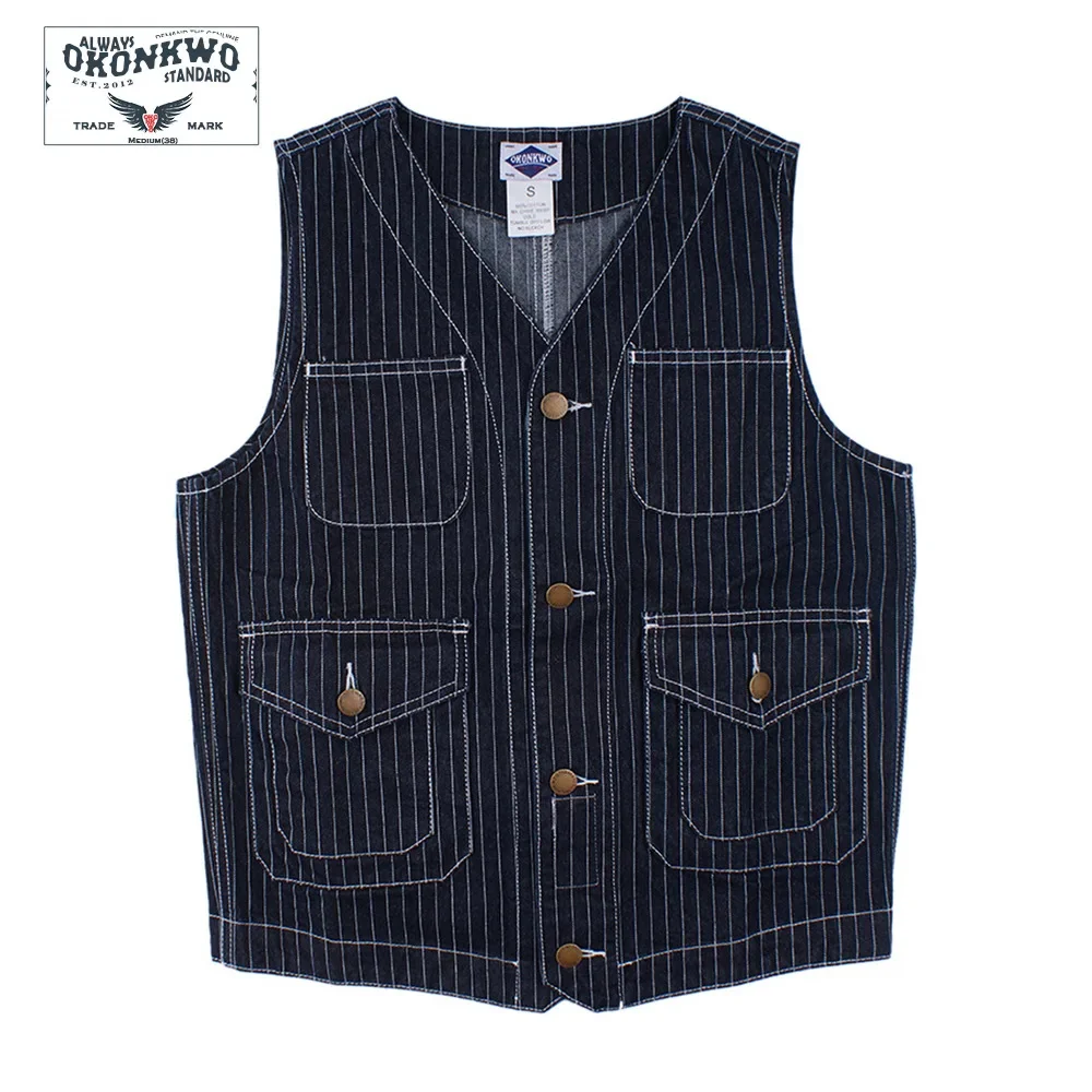 Striped Denim Vest Men Women Multi Pocket Waistcoat Outdoor Hiking Trekking Camping Work Labor Cargo Tooling Spring